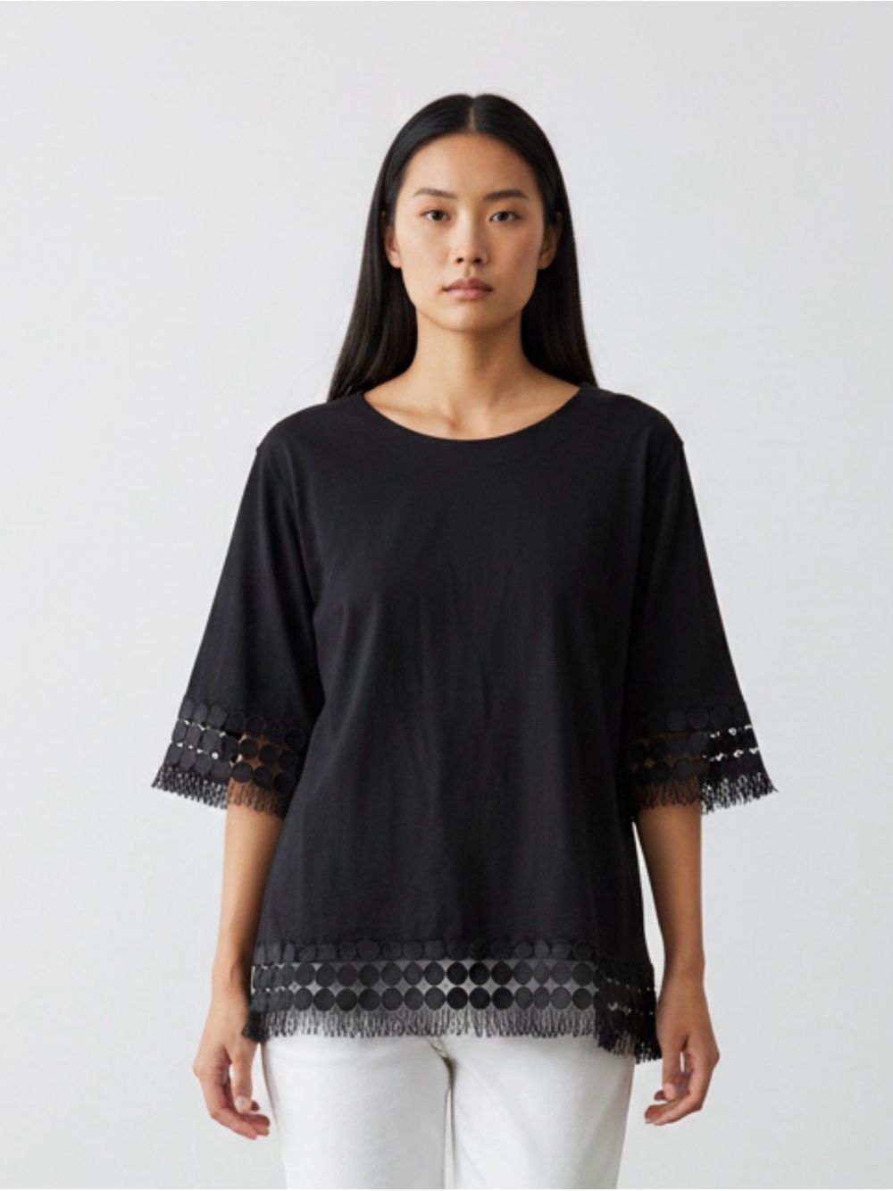 Black geometric fringe Trim Women's black crewneck cotton blouse